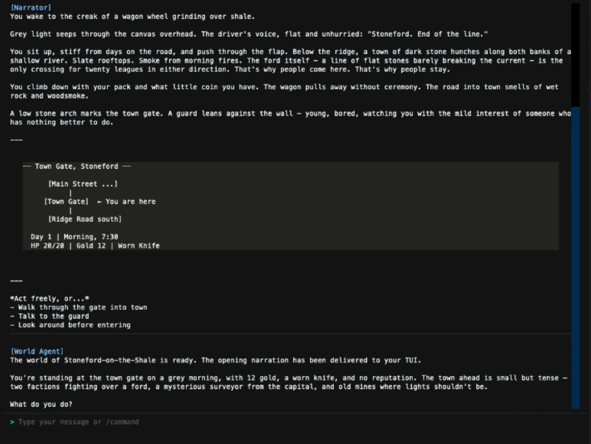 Live terminal session from the paper: the narrator opens a scene in Stoneford while the world agent reports canonical state — day, time, HP, gold, map position