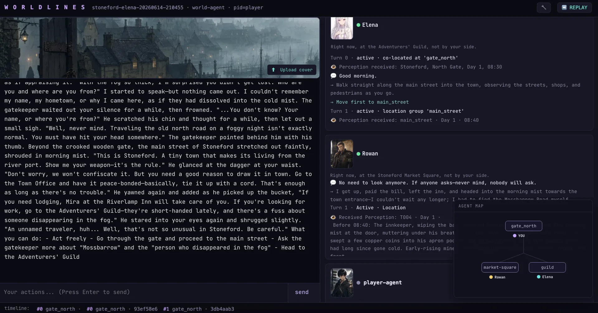WorldLines hub: Elena, Rowan, and the player agent each with their own feed and avatar, the world agent narrating, and the agent map tracking who is where